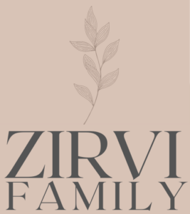 Logo saying Zirvi Family with a delicate sprig and leaves atop the name