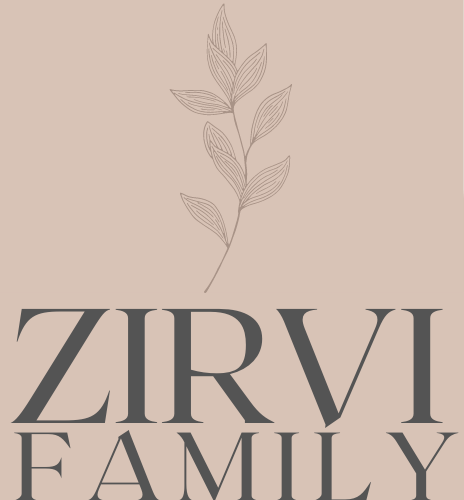 Logo saying Zirvi Family with a delicate sprig and leaves atop the name