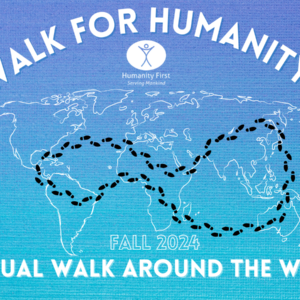 A map of the world with a circular route of footprints mapped across it. At the top reads Walk for Humanity with the HF logo. Underneath reads Fall 2024 A Virtual Walk Around the World.