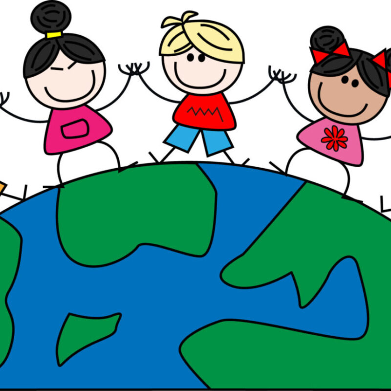 A drawing depicting a diverse set of children holding hands standing atop a globe with the title Kids 4 Humanity.