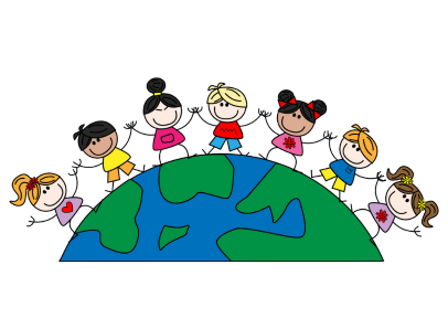 A drawing depicting a diverse set of children holding hands standing atop a globe with the title Kids 4 Humanity.