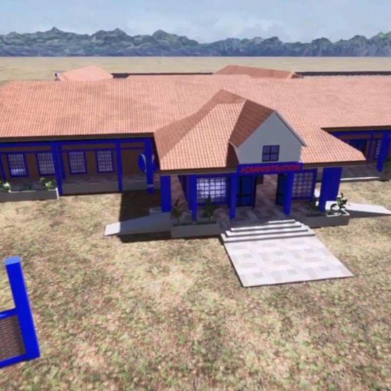 A digital rendering of one story school building with an entranceway leading into a main building that has a pointed roof and brick walls and blue painted columns.