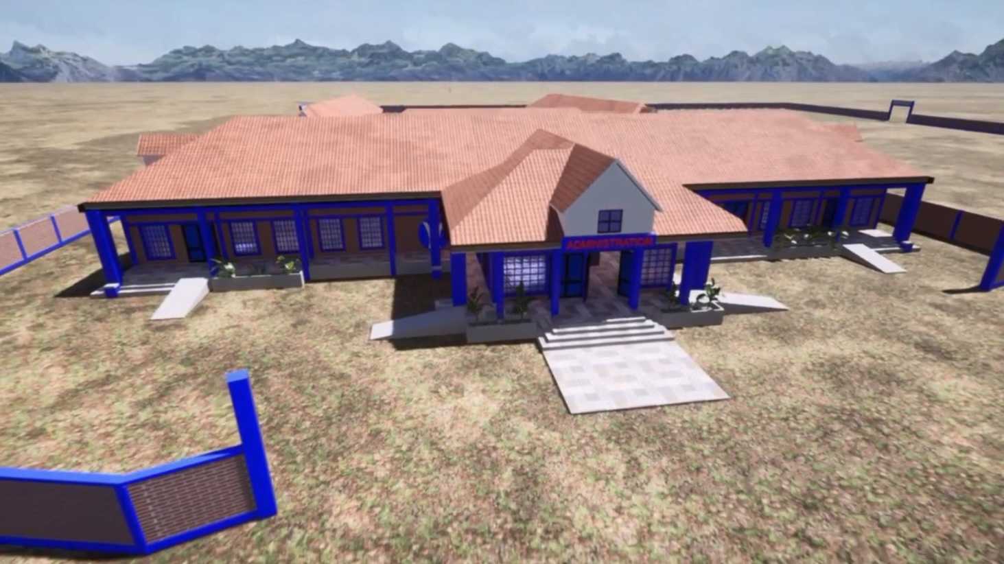 A digital rendering of one story school building with an entranceway leading into a main building that has a pointed roof and brick walls and blue painted columns.