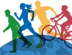 A drawing of four people on top of a globe. The first person is colored green and is walking. The second two are running and colored blue and yellow. The fourth is colored red and is biking.