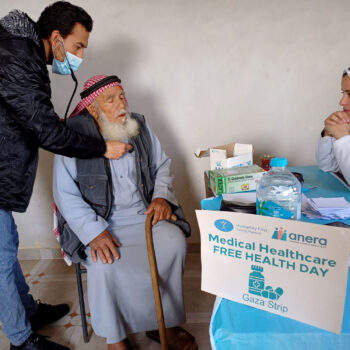 Humanity First Disaster Relief Gaza Anera health clinic 20240210 elderly man being checked by doctor