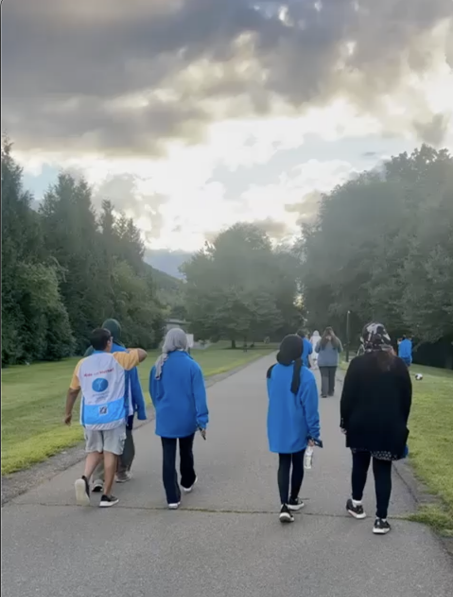 An image of the backs of women and children walking on a path under a yellow sky with grey clouds.