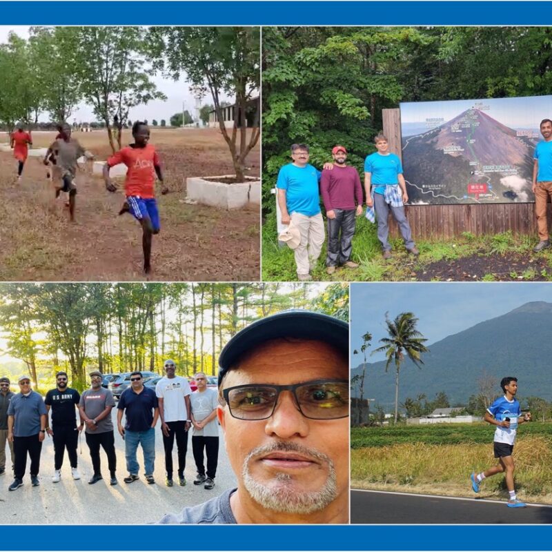 Photo collage showing kids running on dirt path six men in front of sign for Mount Fuji a group of men taking selfie in parking lot and a man running on a road with a mountain in the background