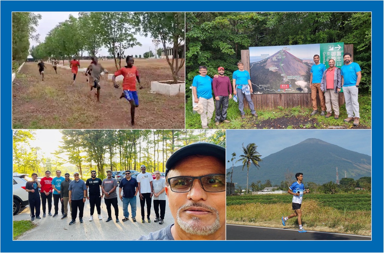 Photo collage showing kids running on dirt path six men in front of sign for Mount Fuji a group of men taking selfie in parking lot and a man running on a road with a mountain in the background