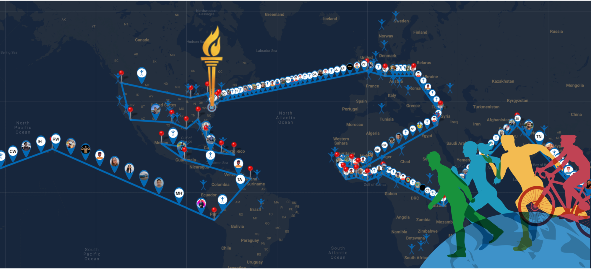 A map of the world with a line for a route and pins to denote places. A drawing of a torch is showing on Virginia United States followed by small icons of people participating along the route.