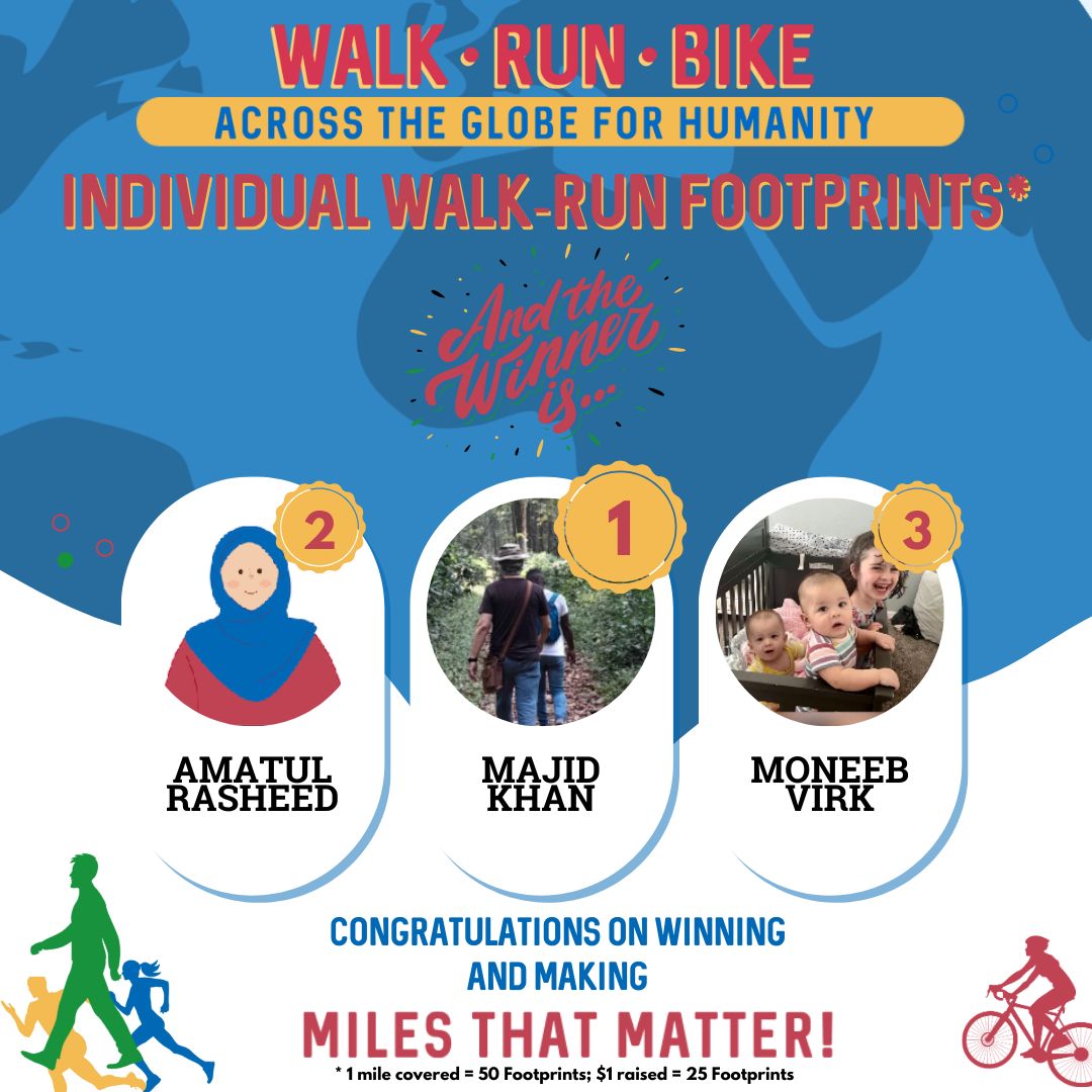 Top three walkers and runners by footprints are Majid Khan Amatul Rasheed and Moneeb Virk. Footprints are 25 points per dollar raised and 50 points per mile covered