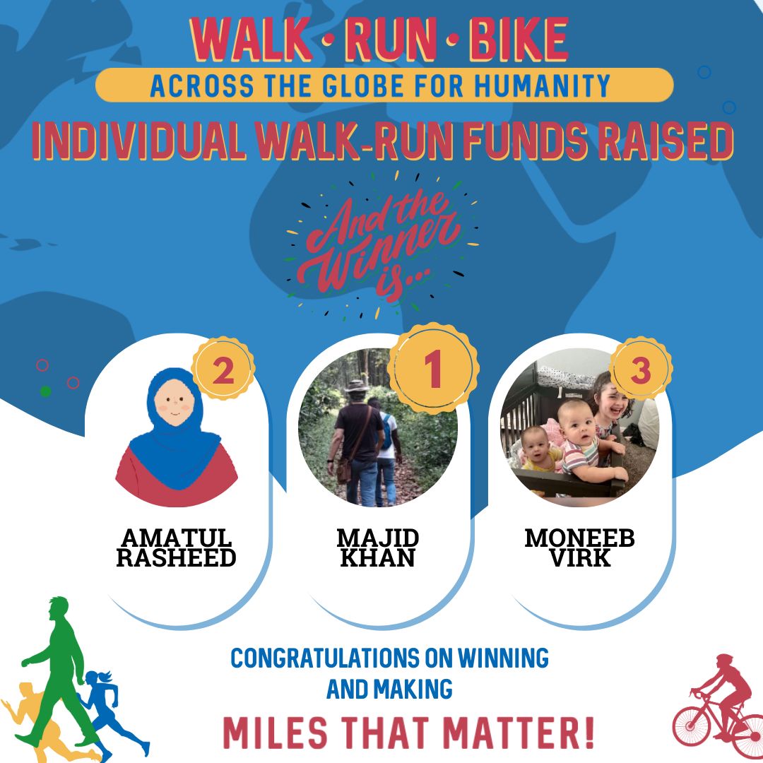 Top three walkers and runners by funds raised are Majid Khan Amatul Rasheed and Moneeb Virk