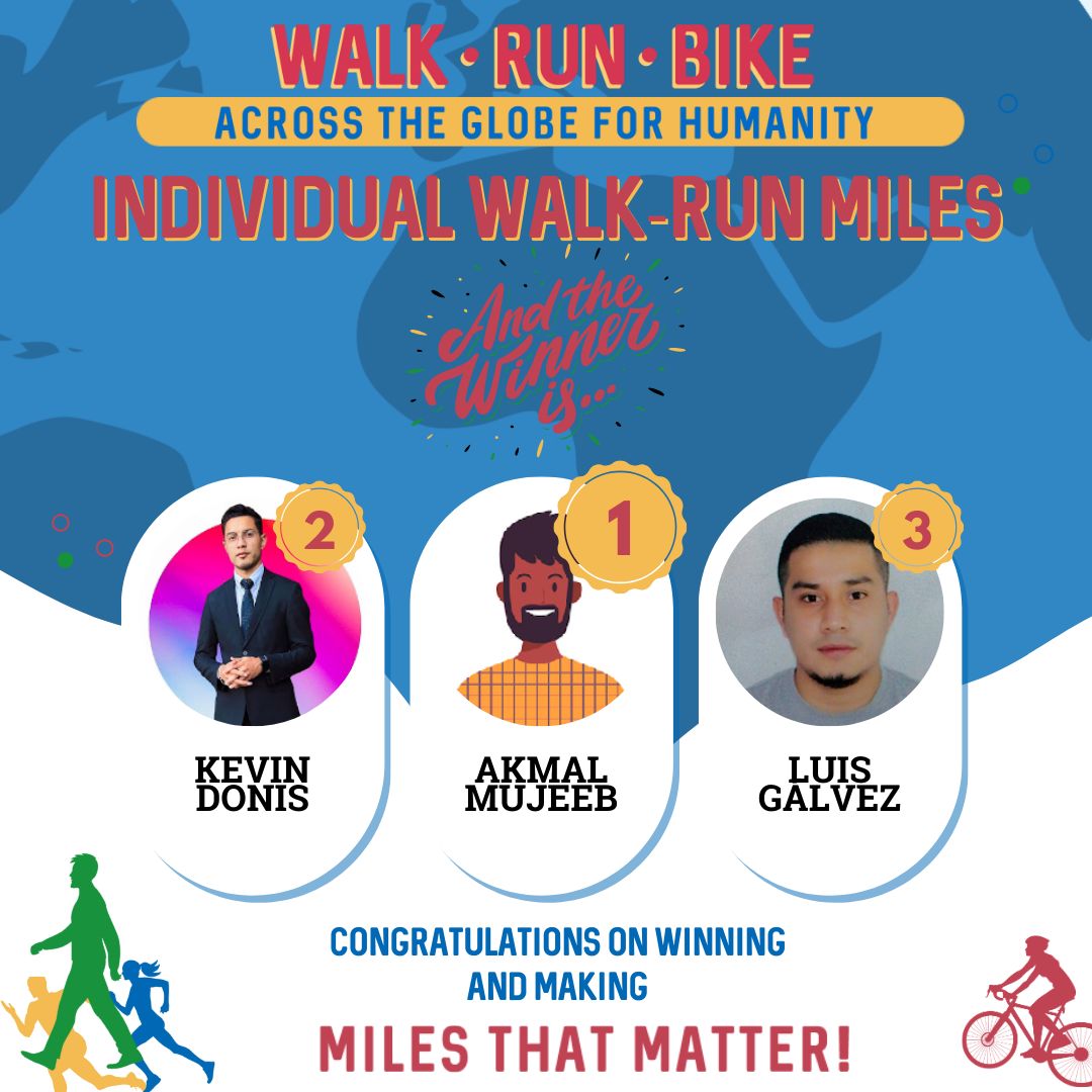 Top three walkers and runners by miles are Akmal Mujeeb Kevin Donis Luis Galvez