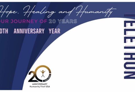 A Telethon flier that reads hope healing and humanity our journey of 20 years 20th anniversary year Telethon. The colors are white and dark blue with an accent of purple