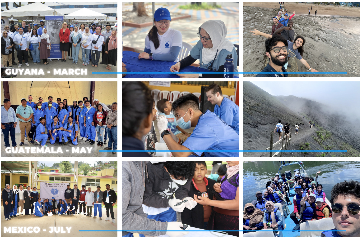 Photo collage of students wearing medical scrubs seeing patients, posing as a group, and doing some sightseeing.