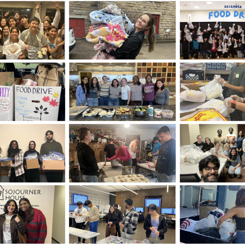 A photo compilation of students doing service projects like delivering supplies and serving food.