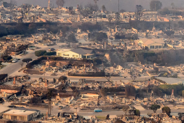 An aerial image of the destruction of the LA wildfires.