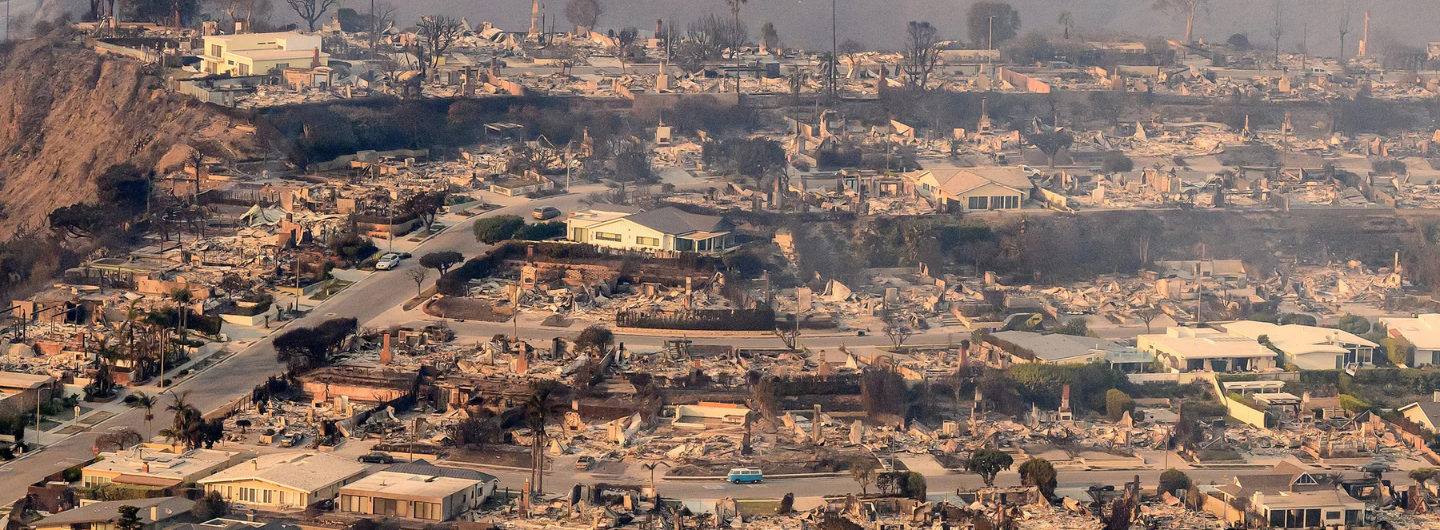 An aerial image of the destruction of the LA wildfires.