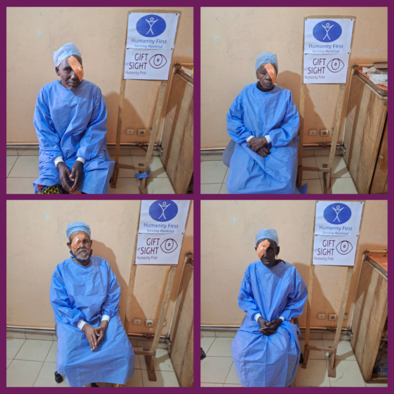 A photo collage of four elderly people wearing hospital gowns and with a bandage over one of their eyes.