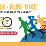 A drawn image of four people walking, running, and biking on top of a globe. The text reads Walks Run Bike Across the Globe for Humanity. Beneath is a 30th anniversary logo for Humanity First and the date September 20th 2025.