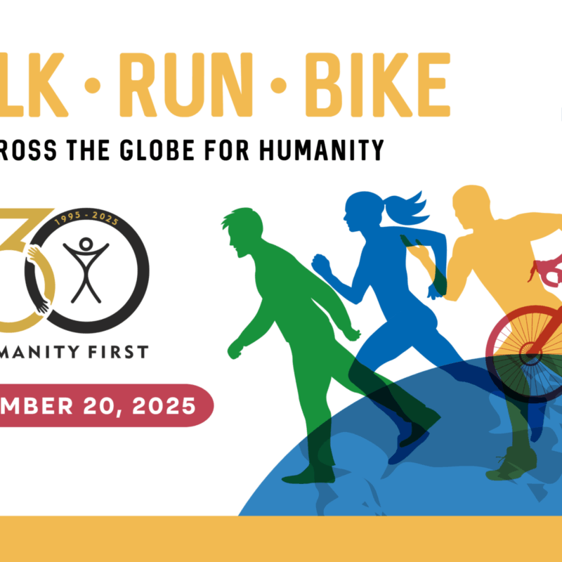 A drawn image of four people walking, running, and biking on top of a globe. The text reads Walks Run Bike Across the Globe for Humanity. Beneath is a 30th anniversary logo for Humanity First and the date September 20th 2025.