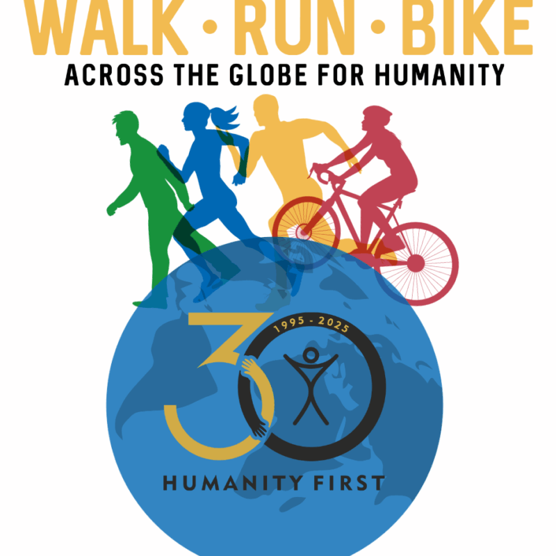 Walk Run Bike Across the Globe for Humanity 2025, an event for Humanity First's 30th Anniversary. Four brightly colored silhouettes of people walking, running, and biking on top of a blue globe.