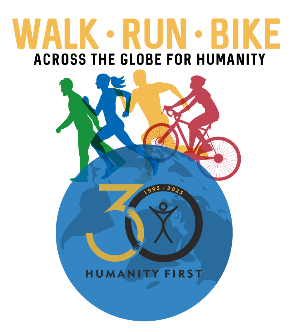 Walk Run Bike Across the Globe for Humanity 2025, an event for Humanity First's 30th Anniversary. Four brightly colored silhouettes of people walking, running, and biking on top of a blue globe.